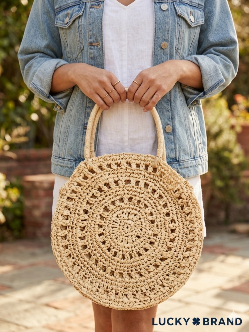 Lucky Brand Round Woven Straw Circular Tote Bag Boho Neutral Beach